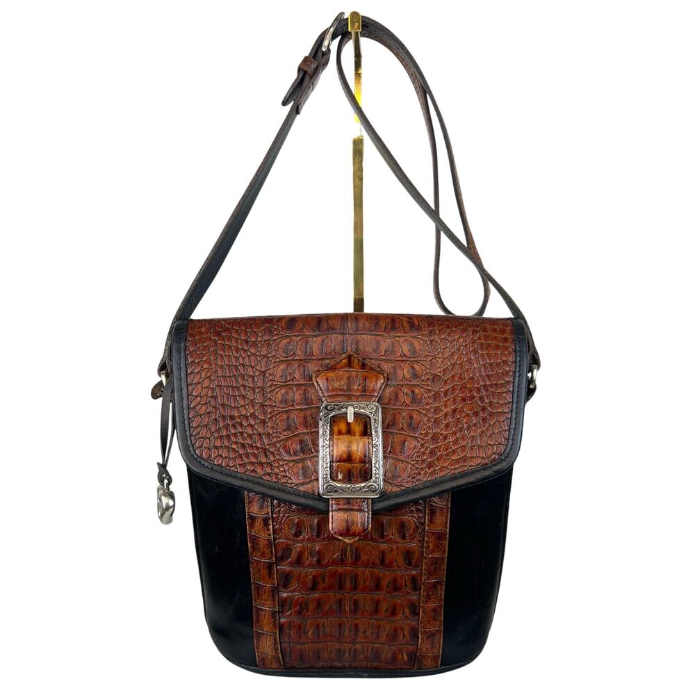 Vintage Brighton Black Leather Croc Embossed Buckle Crossbody Purse Bucket Bag